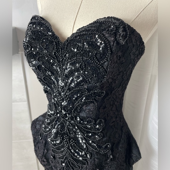 VTG 80s Karen Okada Beaded Embellished Mini Black Dress Sweetheart Strapless - Picture 4 of 11